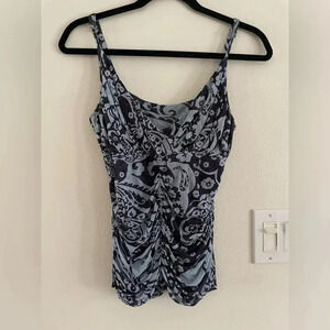 Classiques Entier 100% Silk Blue VNeck Ruched Mesh Floral Paisley 90s Tank Large